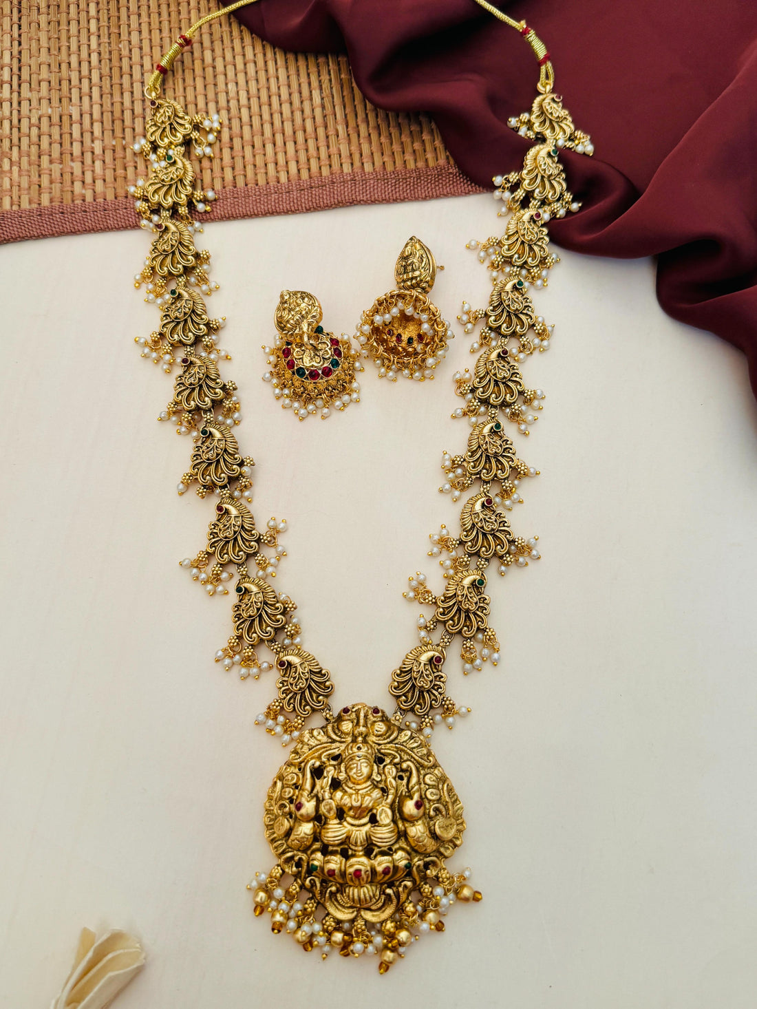Abdesigns Gold Plated Long Antique Temple Necklace Set