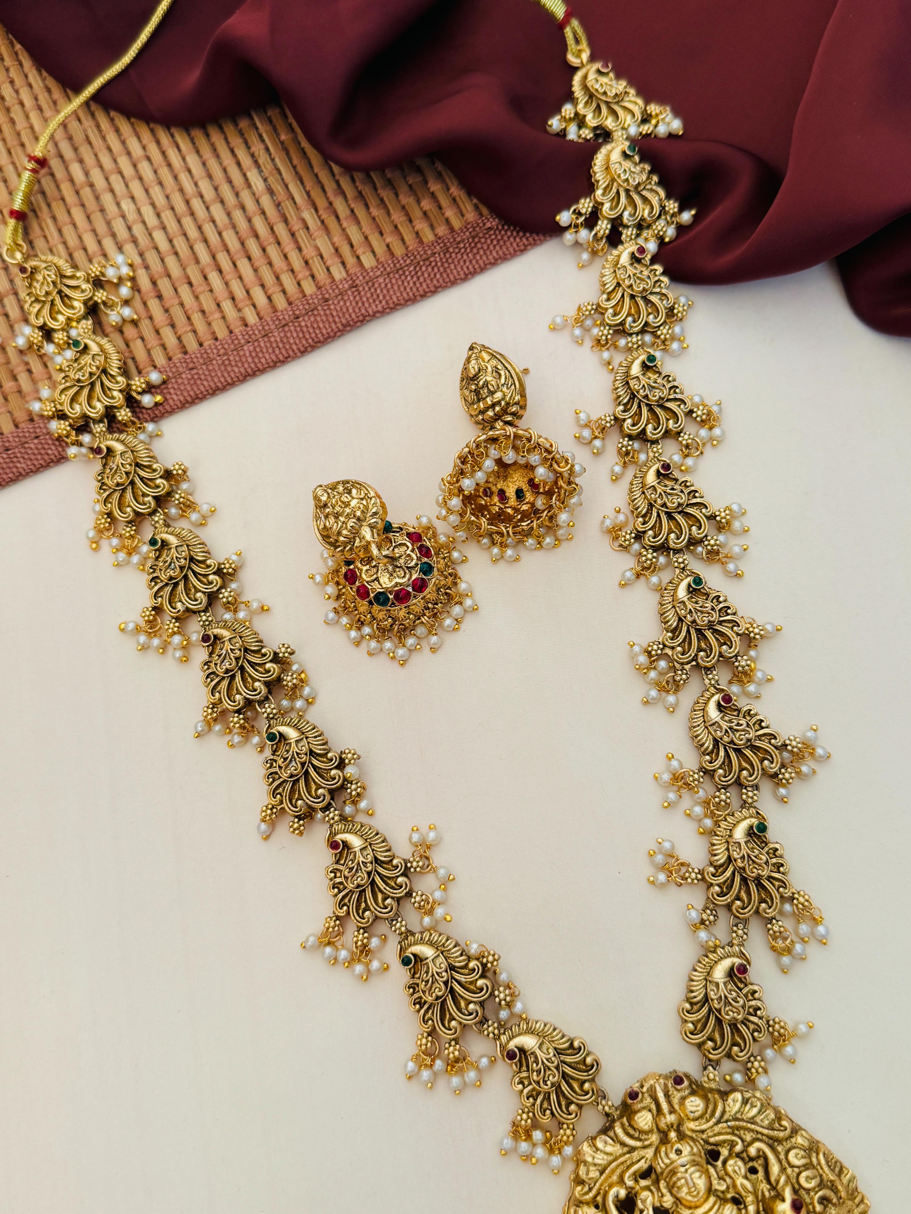 Abdesigns Gold Plated Long Antique Temple Necklace Set