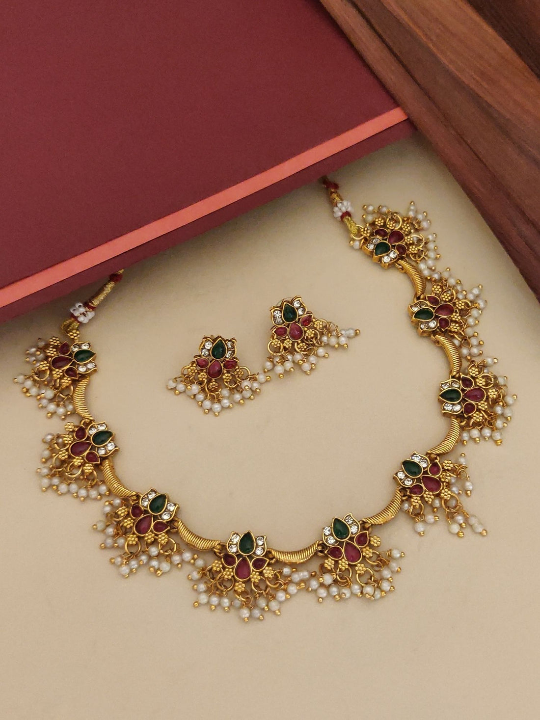 Abdesignsjewellery Gold Plated Kempstone Lotus Beads Necklace Set with red green stones and pearl drops