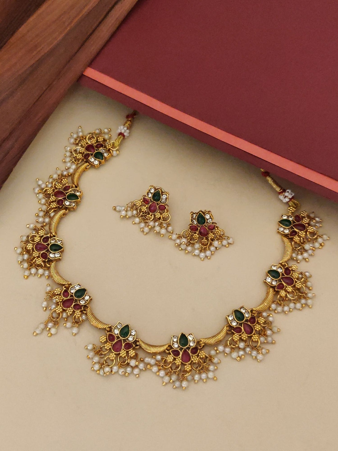 Abdesignsjewellery Gold Plated Kempstone Lotus Beads Necklace Set with red green stones and pearl drops