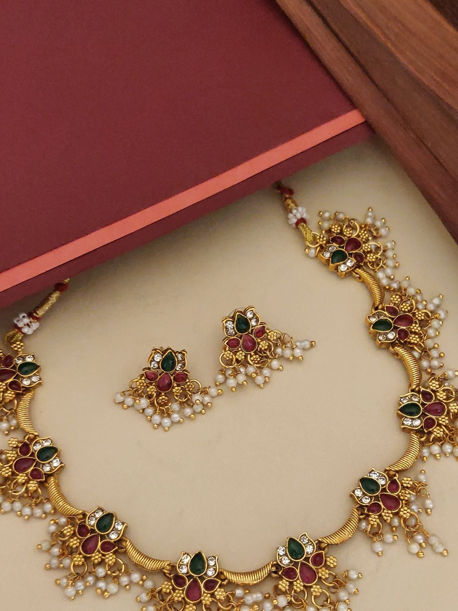 Gold Plated Kempstone Lotus Beads Necklace Set by Abdesignsjewellery with green and red kemp stones and pearl drops