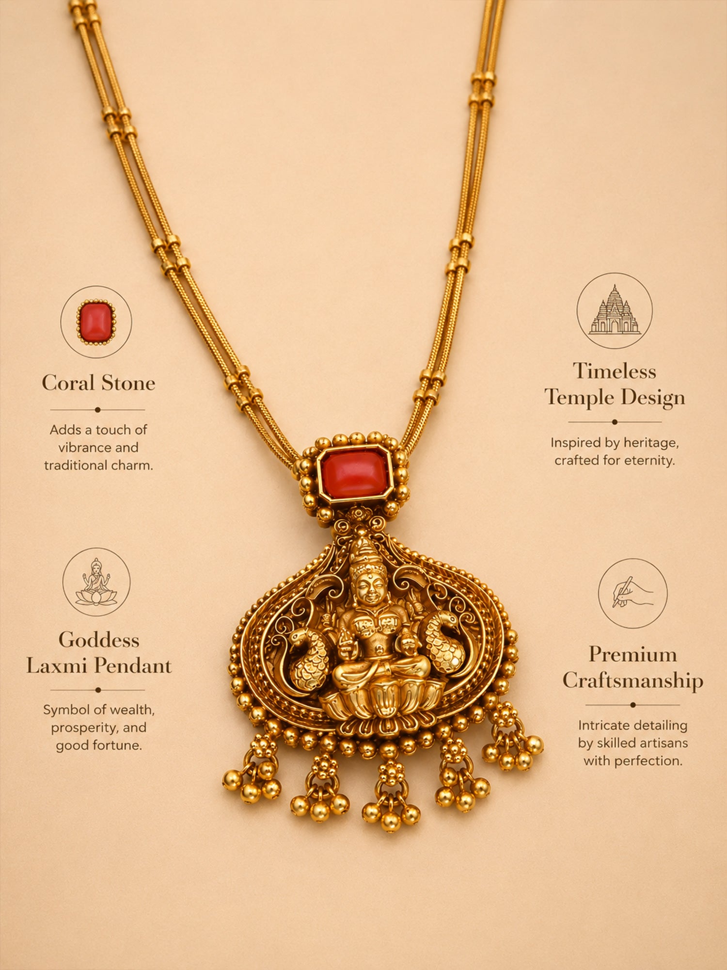 Abdesigns traditional coral Gold pendant temple necklace chain set