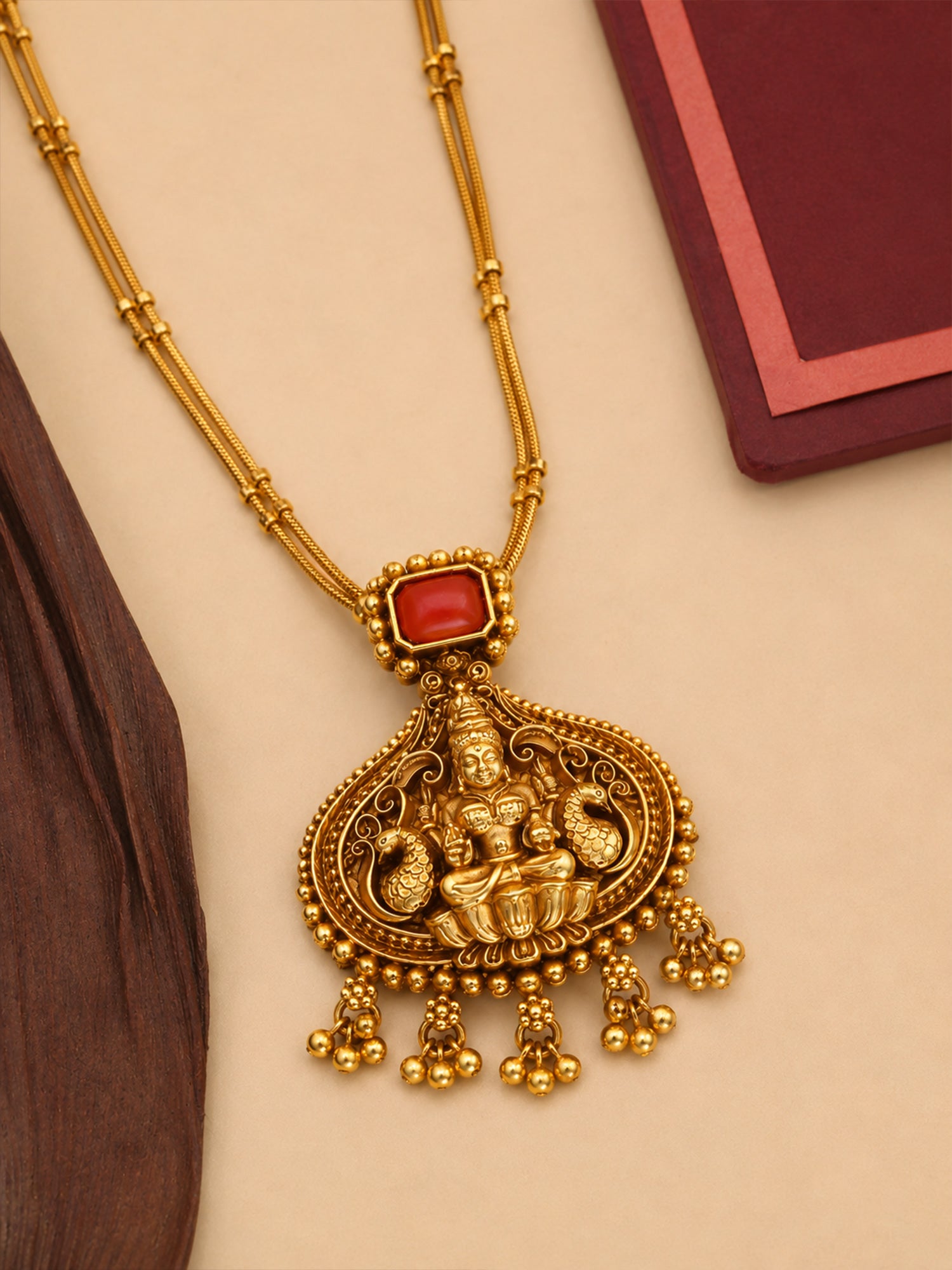 Abdesigns traditional coral Gold pendant temple necklace chain set
