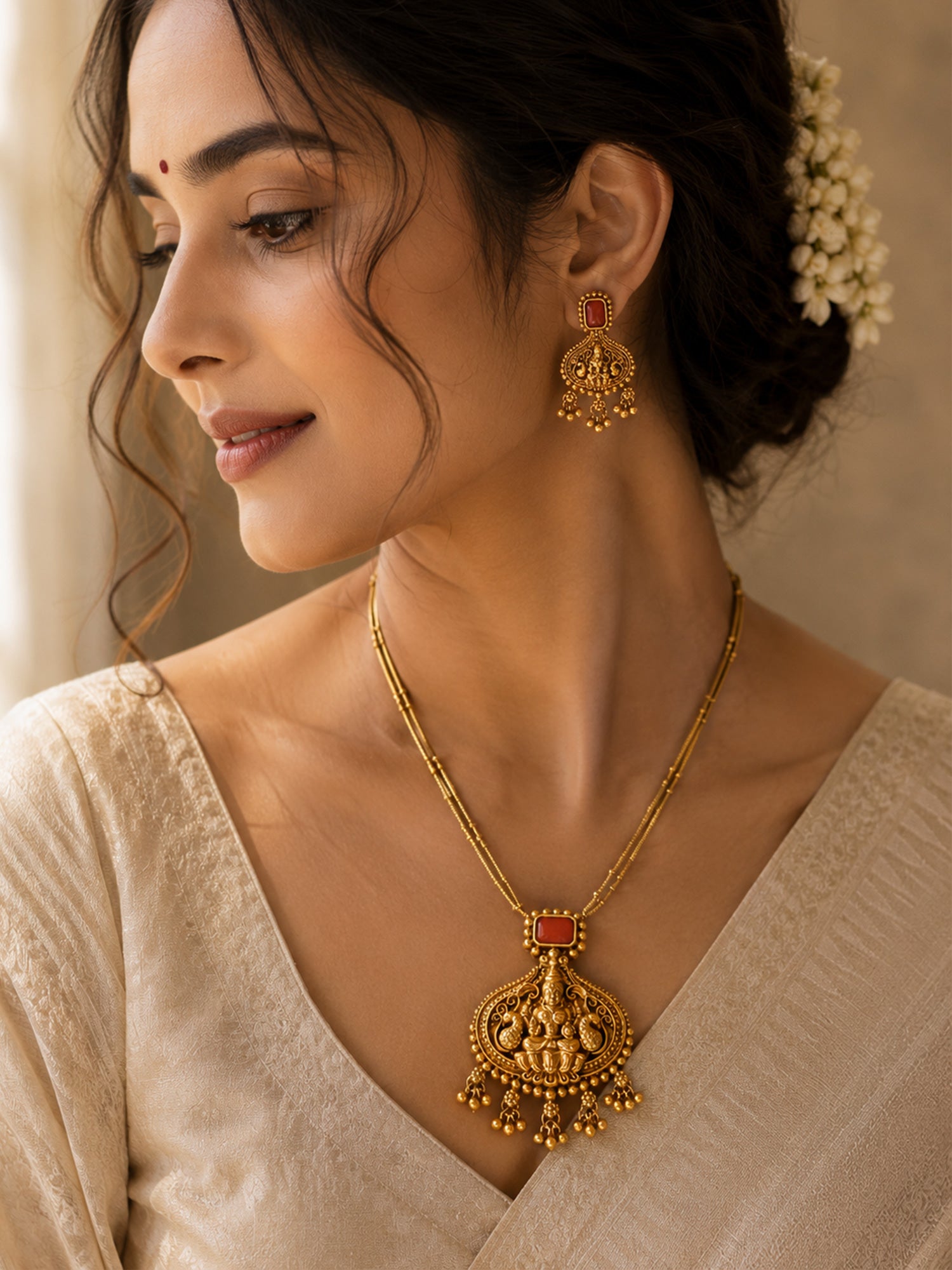 Abdesigns traditional coral Gold pendant temple necklace chain set