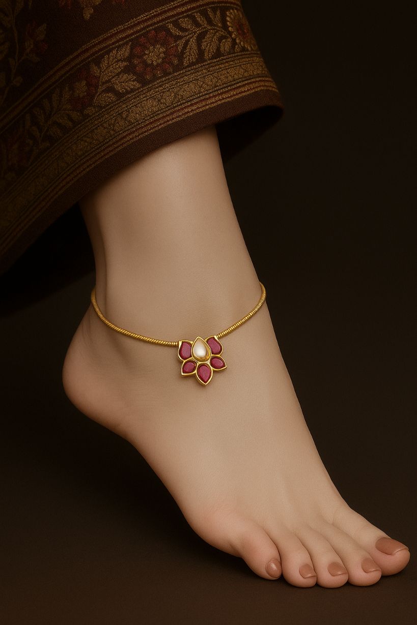 Abdesigns Jewellery Gold Pink Lotus Flower Anklets Set