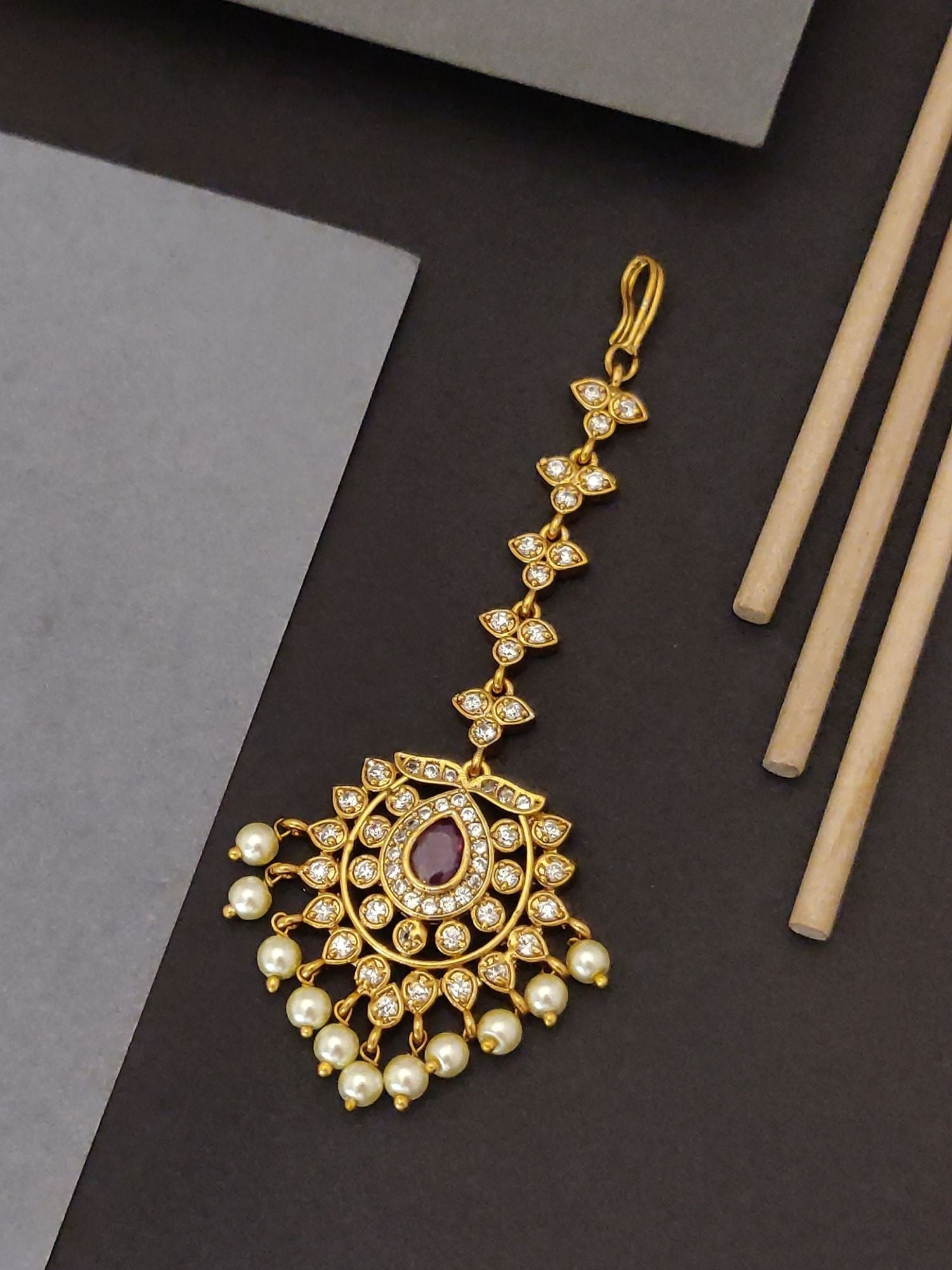 Abdesigns Antique Gold Plated Temple Maangtikka