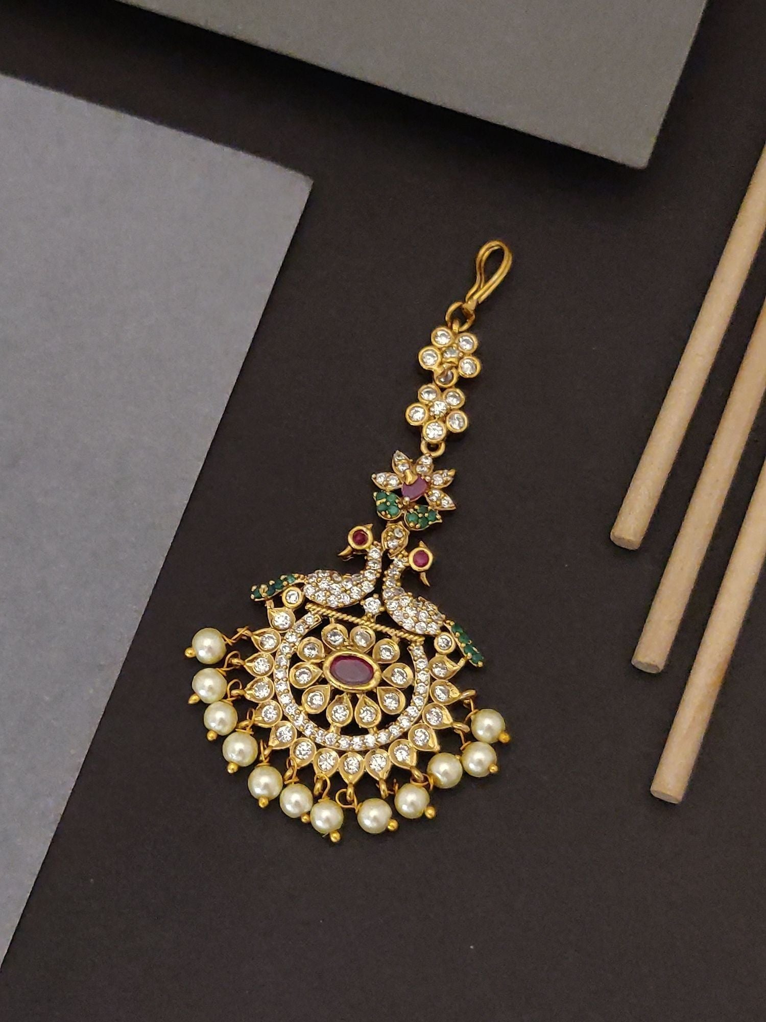 Abdesigns Antique Gold Plated Temple Maangtikka