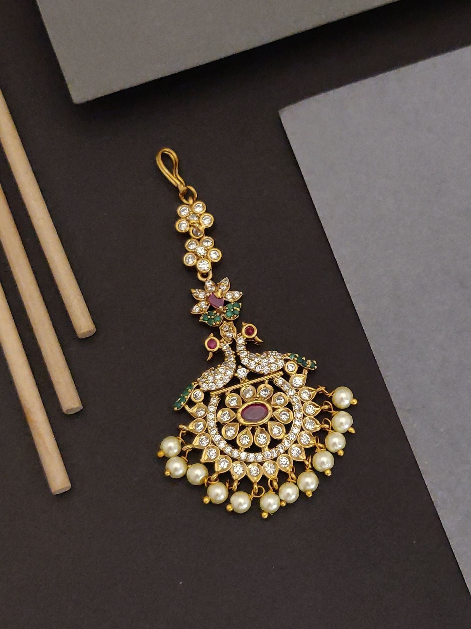 Abdesigns Antique Gold Plated Temple Maangtikka