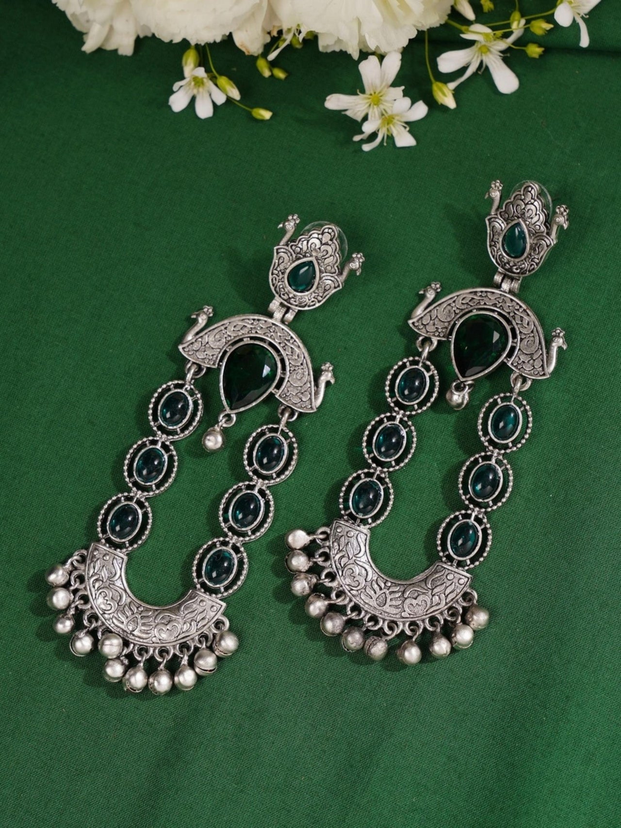 Long Peacock German Silver Earrings