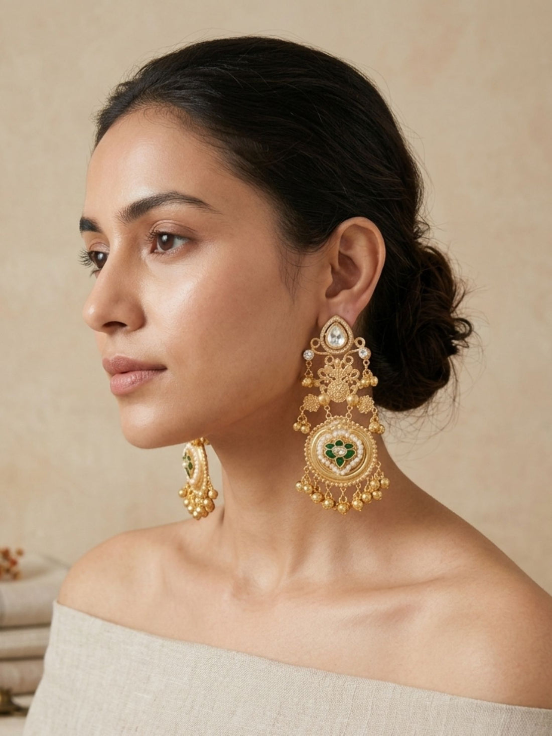 Golden Chandbali Earrings in Pearl Festive Elegance | Abdesigns