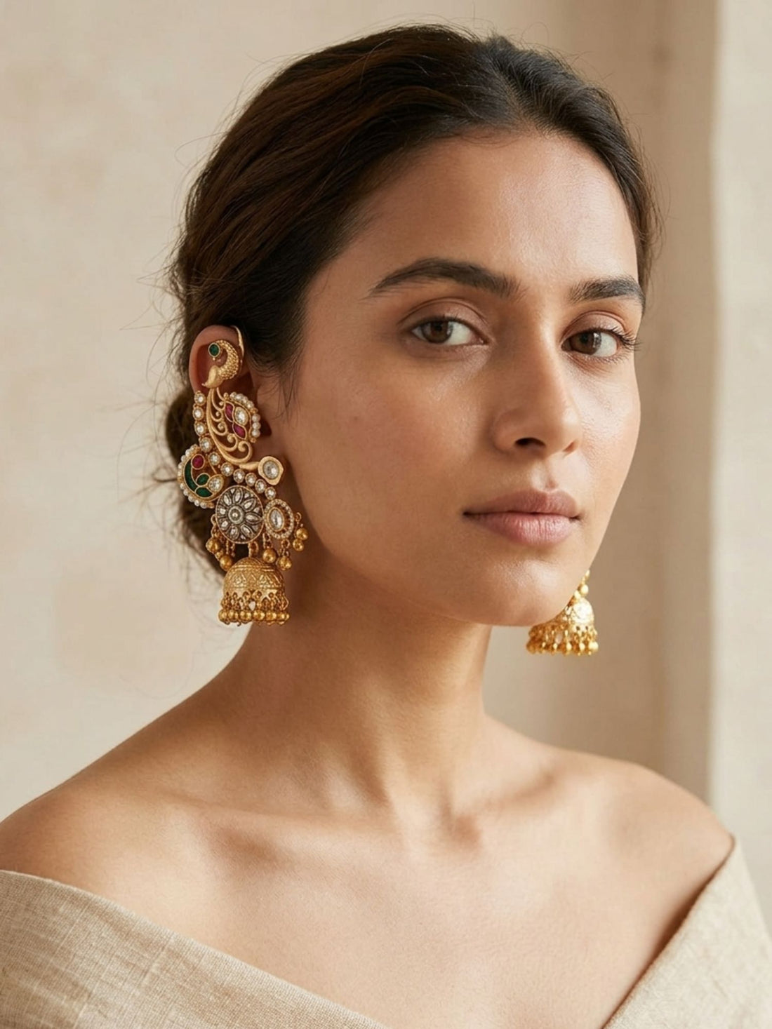 Dual Tone Peacock Jhumka Earrings with Pearl Detailing | Abdesigns