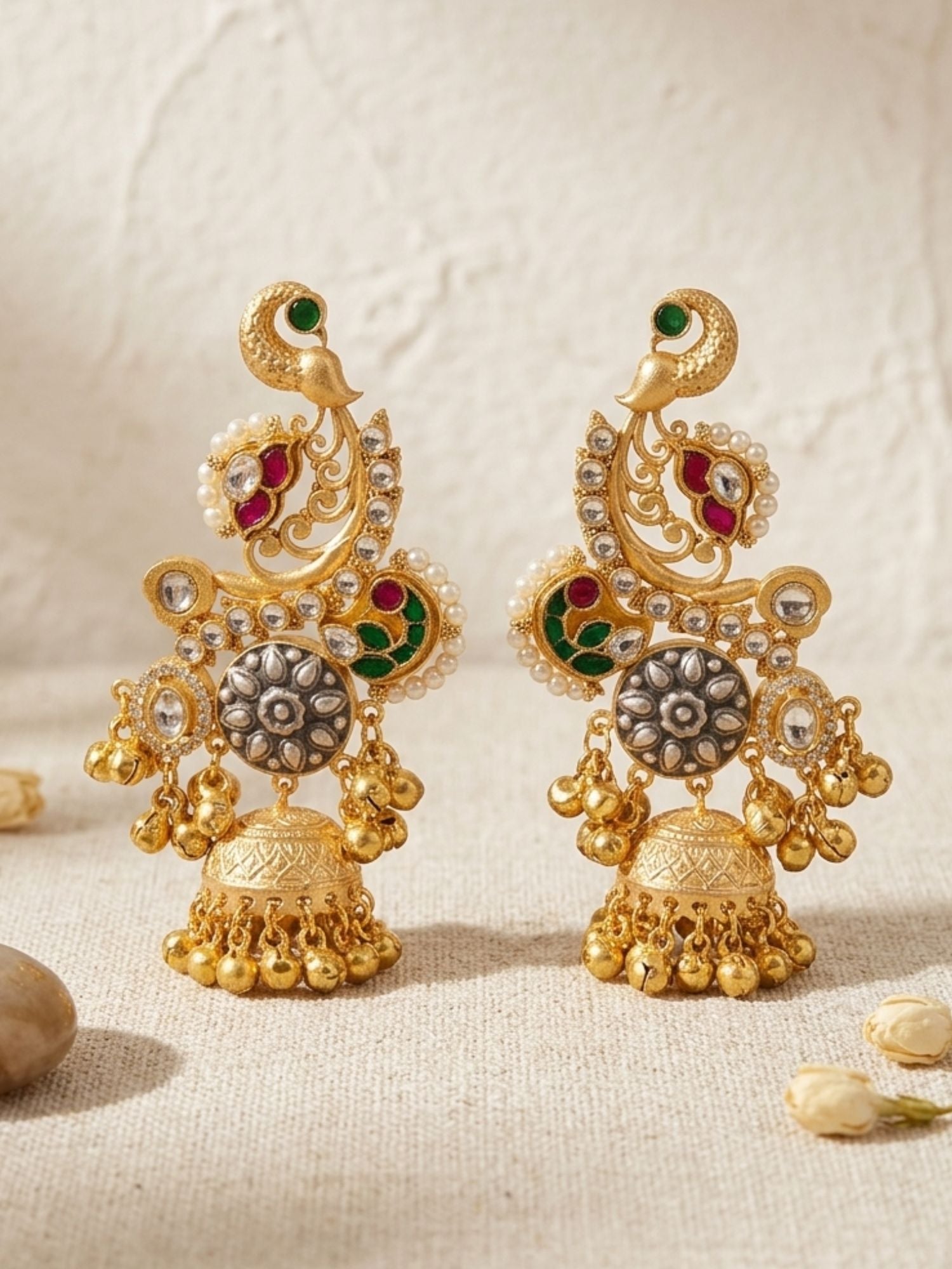 Dual Tone Peacock Jhumka Earrings with Pearl Detailing - earrings by Abdesigns Jewellery
