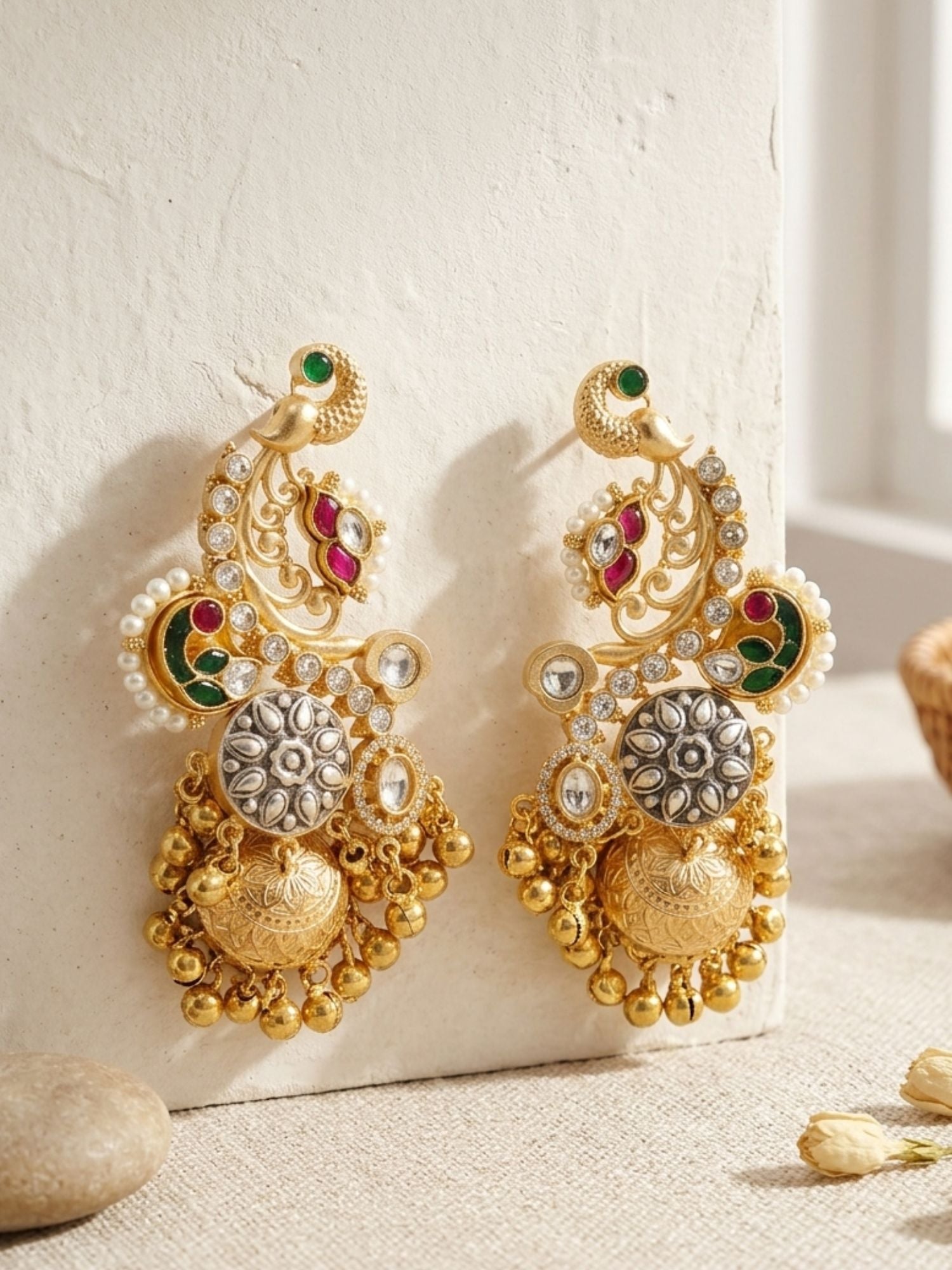 Dual Tone Peacock Jhumka Earrings with Pearl Detailing - earrings by Abdesigns Jewellery