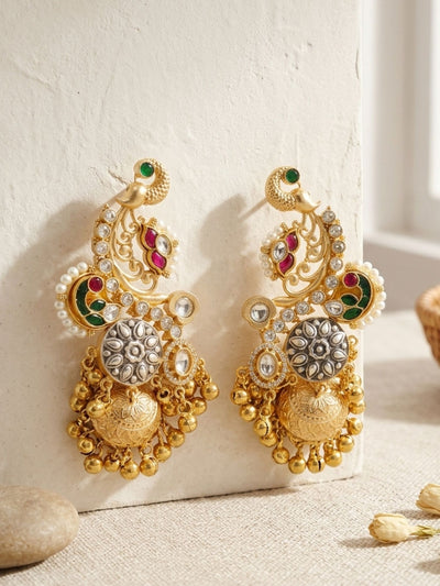 Dual Tone Peacock Jhumka Earrings with Pearl Detailing | Abdesigns