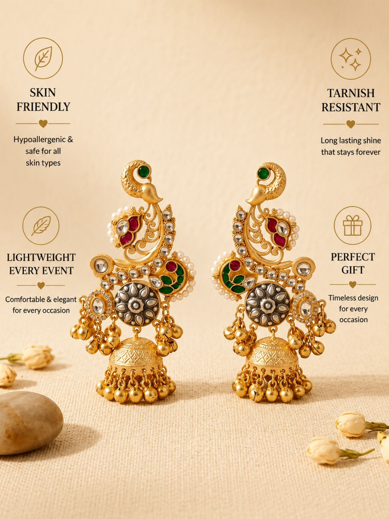 Dual Tone Peacock Jhumka Earrings with Pearl Detailing - earrings by Abdesigns Jewellery