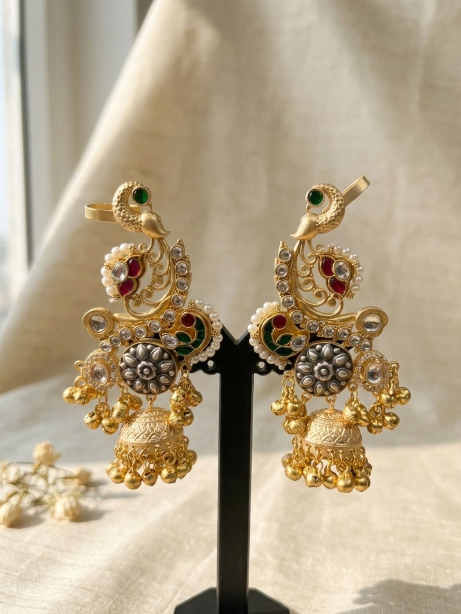 Dual Tone Peacock Jhumka Earrings with Pearl Detailing - earrings by Abdesigns Jewellery