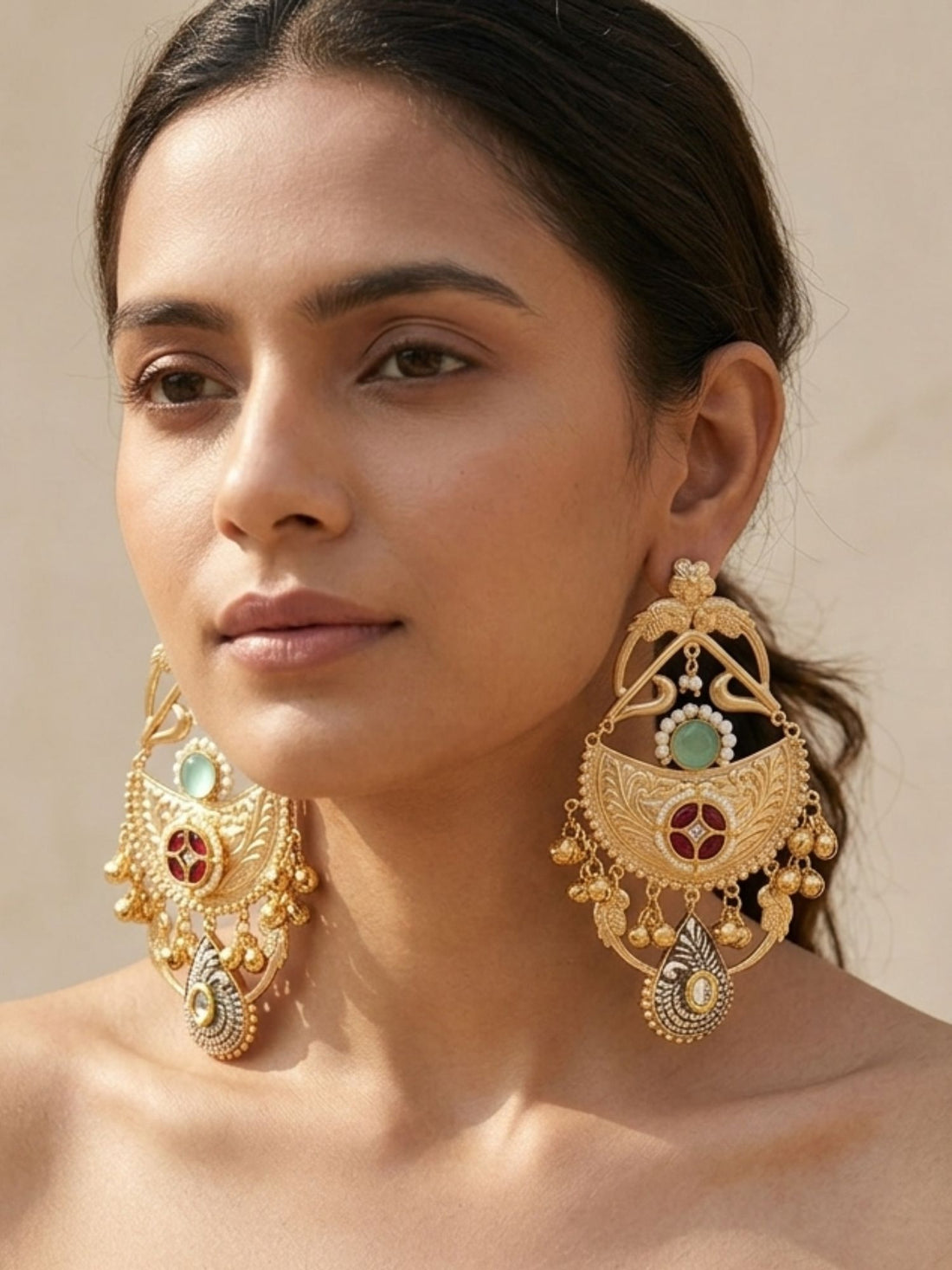Dual Tone Antique Chandbali Earrings with Ghungroo Drops | Abdesigns