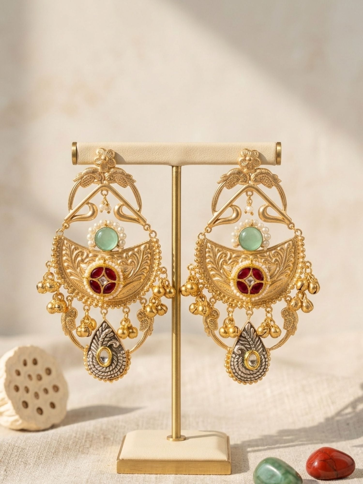 Dual Tone Antique Chandbali Earrings with Ghungroo Drops | Abdesigns