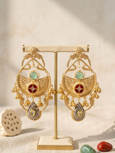Dual Tone Antique Chandbali Earrings with Ghungroo Drops | Abdesigns