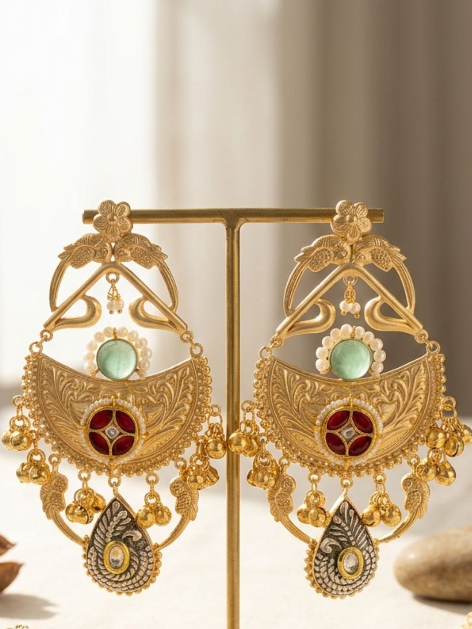 Dual Tone Antique Chandbali Earrings with Ghungroo Drops | Abdesigns