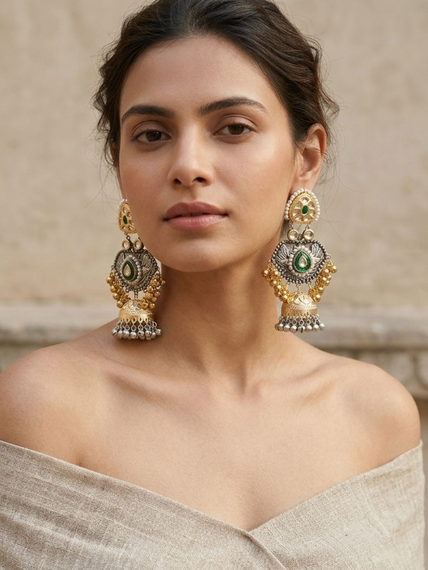 Dual Tone Antique Jhumka Earrings with Pearl & Ghungroo Work | Abdesigns