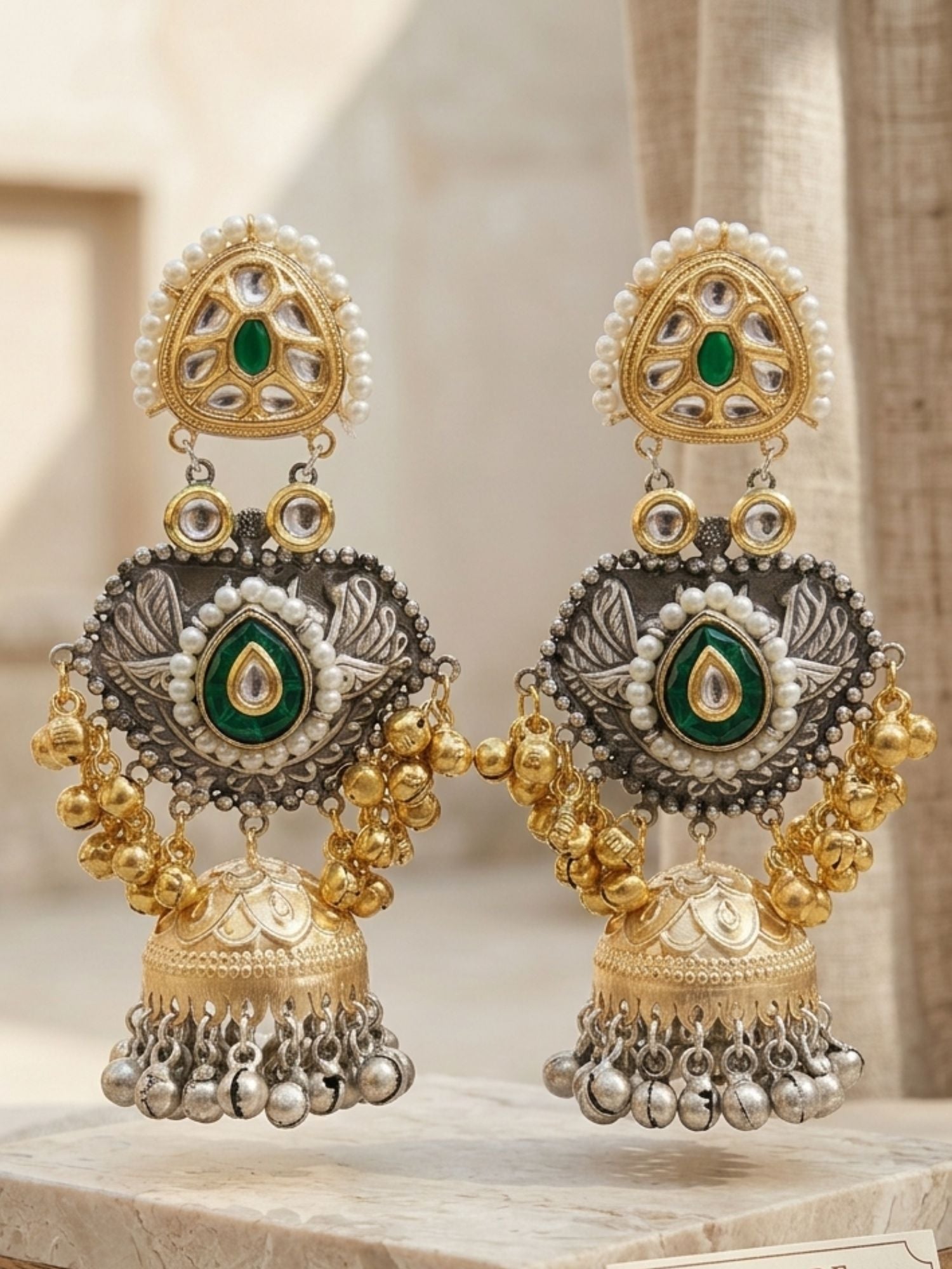 Dual Tone Antique Jhumka Earrings with Pearl & Ghungroo Work | Abdesigns