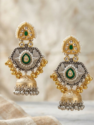 Dual Tone Antique Jhumka Earrings with Pearl & Ghungroo Work | Abdesigns