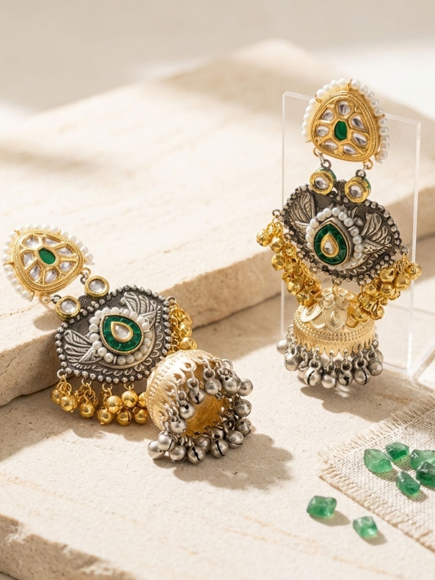 Dual Tone Antique Jhumka Earrings with Pearl & Ghungroo Work | Abdesigns