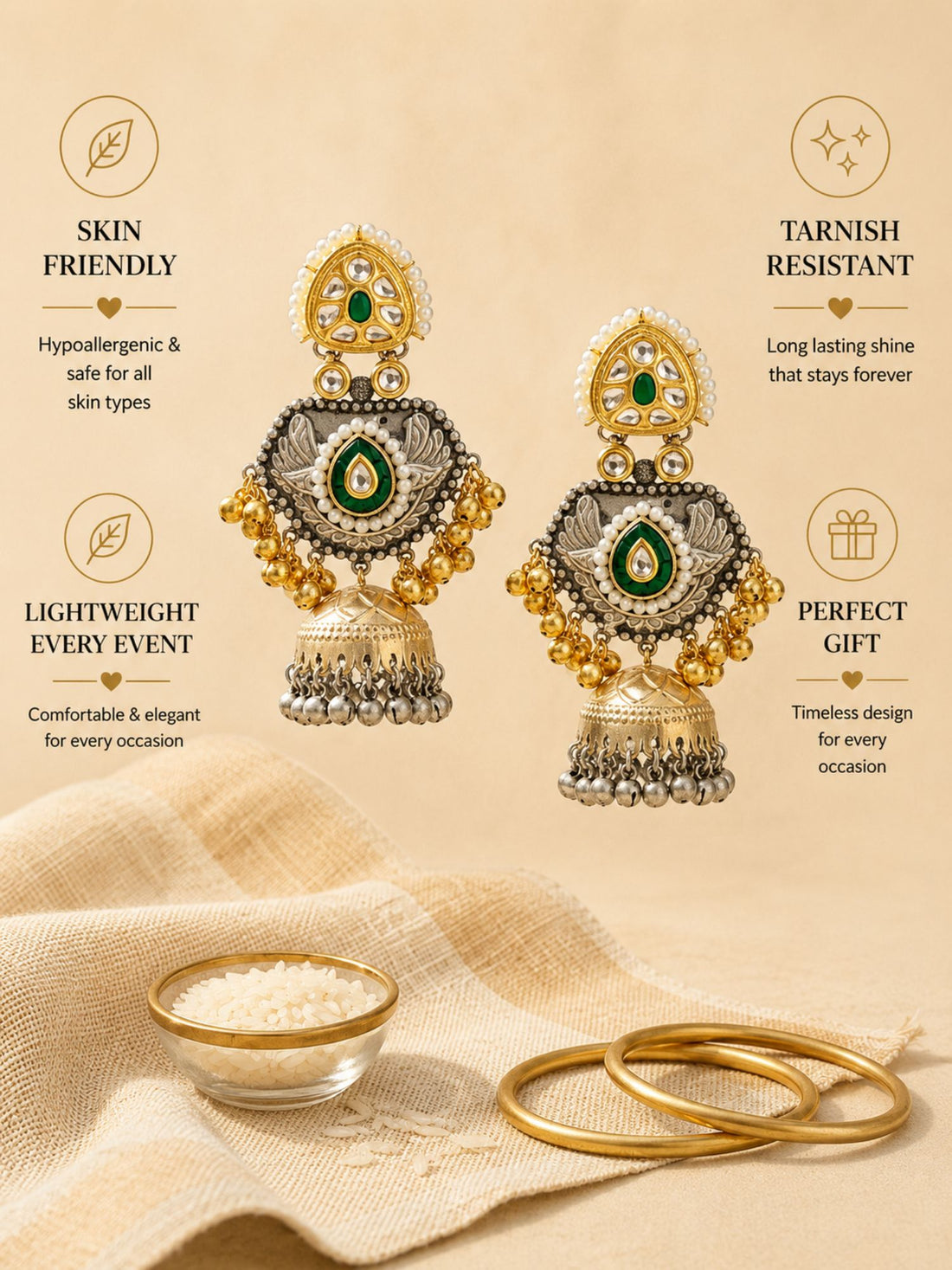 Dual Tone Antique Jhumka Earrings with Pearl & Ghungroo Work | Abdesigns