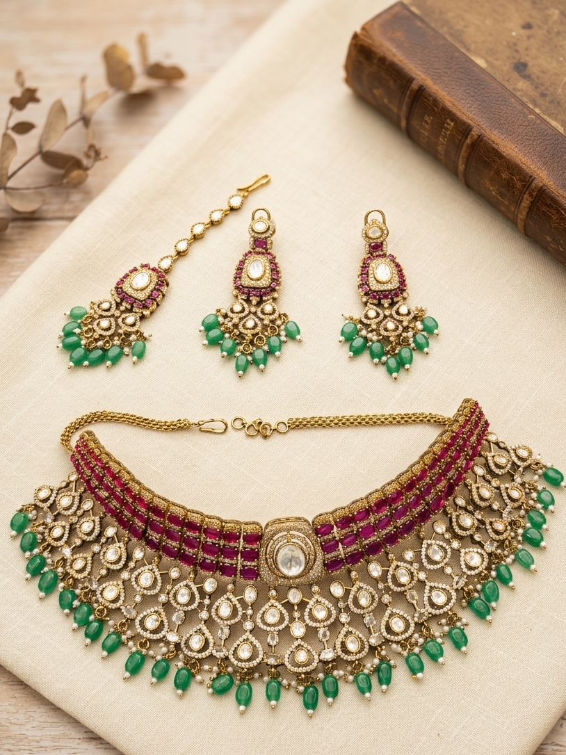 Bridal Kundan Choker Necklace Set with Earrings & Maang Tikka | Abdesigns