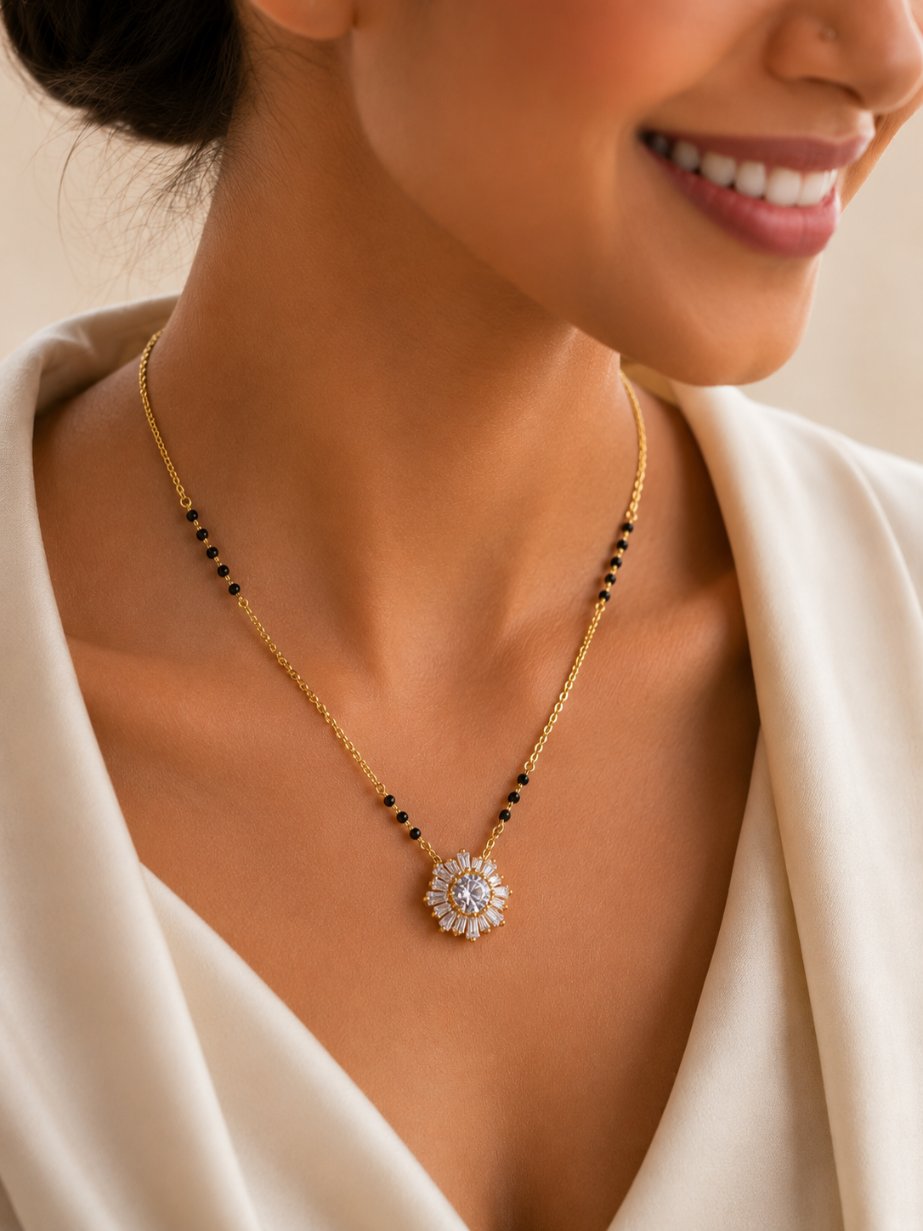 Gold plated mangalsutra flatlay — modern minimal design with black beads