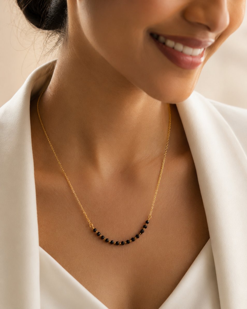 Minimal gold mangalsutra necklace on model — daily wear brass jewellery