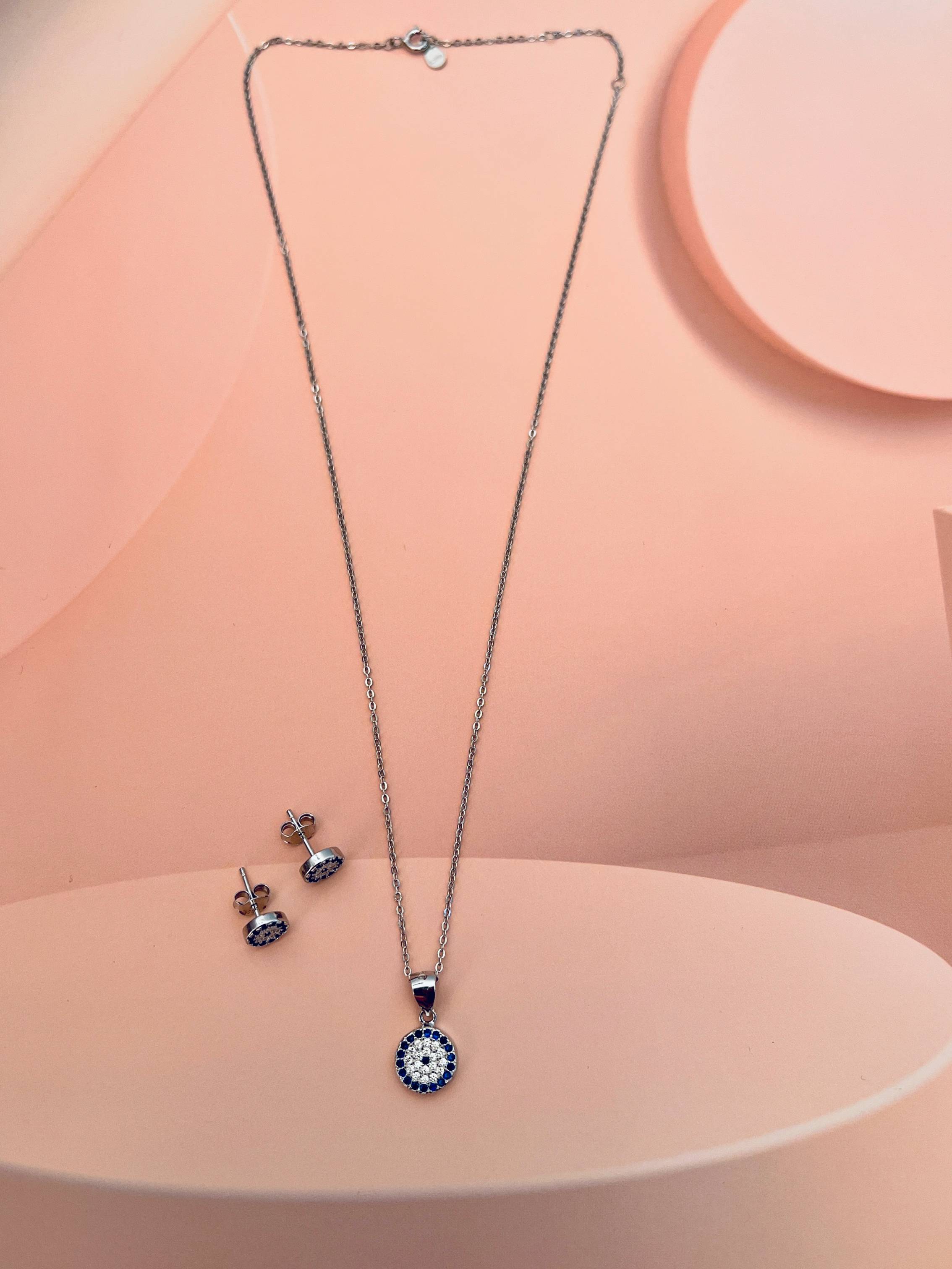 925 Fine Silver Blue Evil Eye Diamond Pendant Set