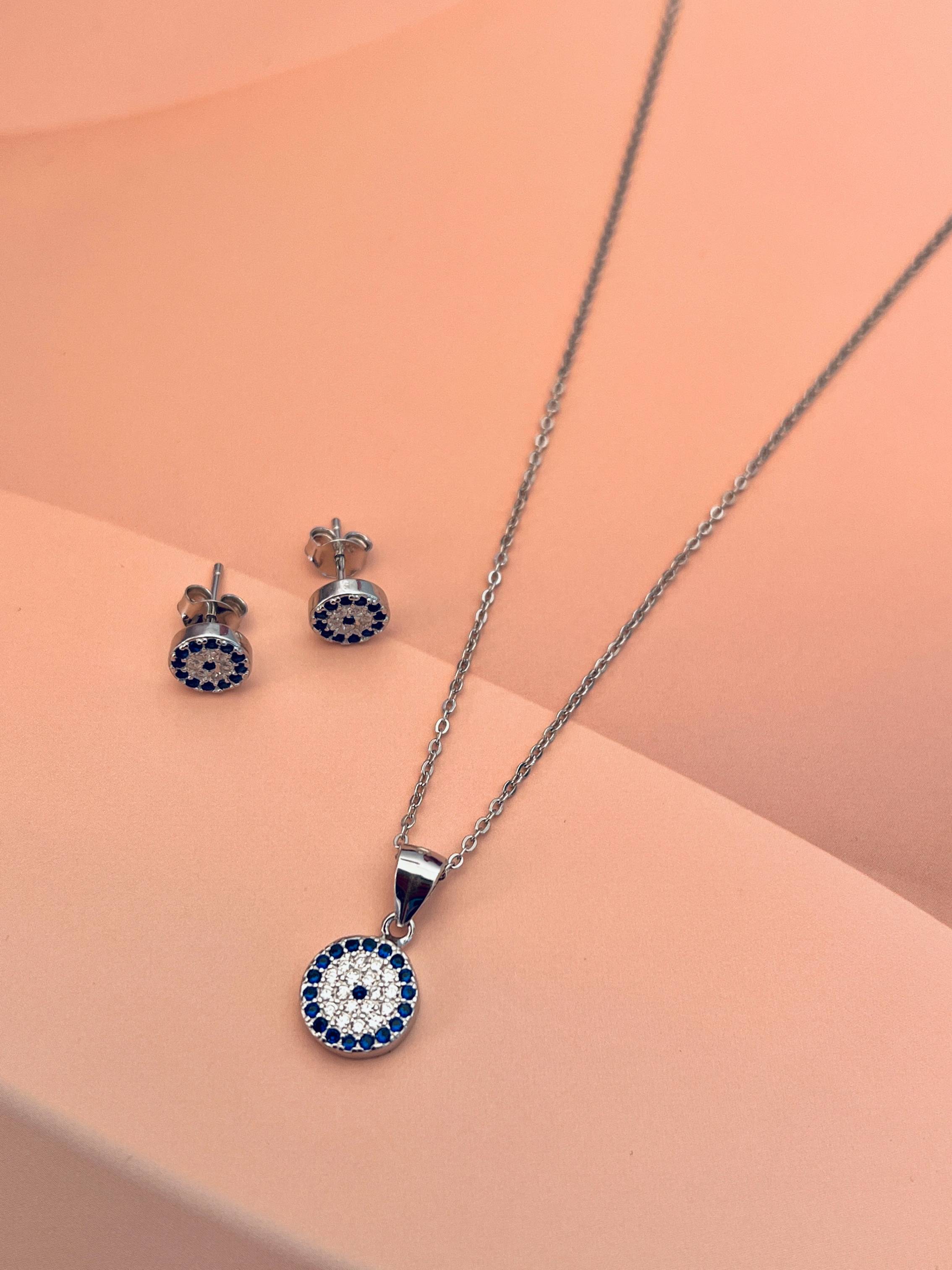 925 Fine Silver Blue Evil Eye Diamond Pendant Set