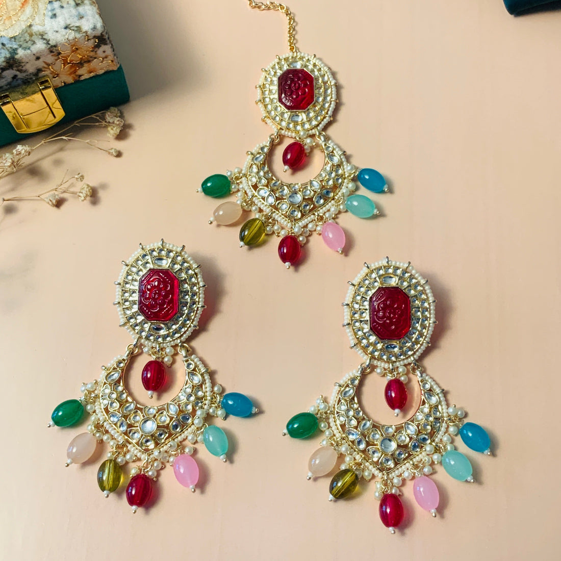 High Quality MultiColour Gold Plated Stone MaangTikka & Earring Combo