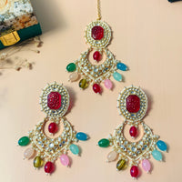 Thumbnail for High Quality MultiColour Gold Plated Stone MaangTikka & Earring Combo