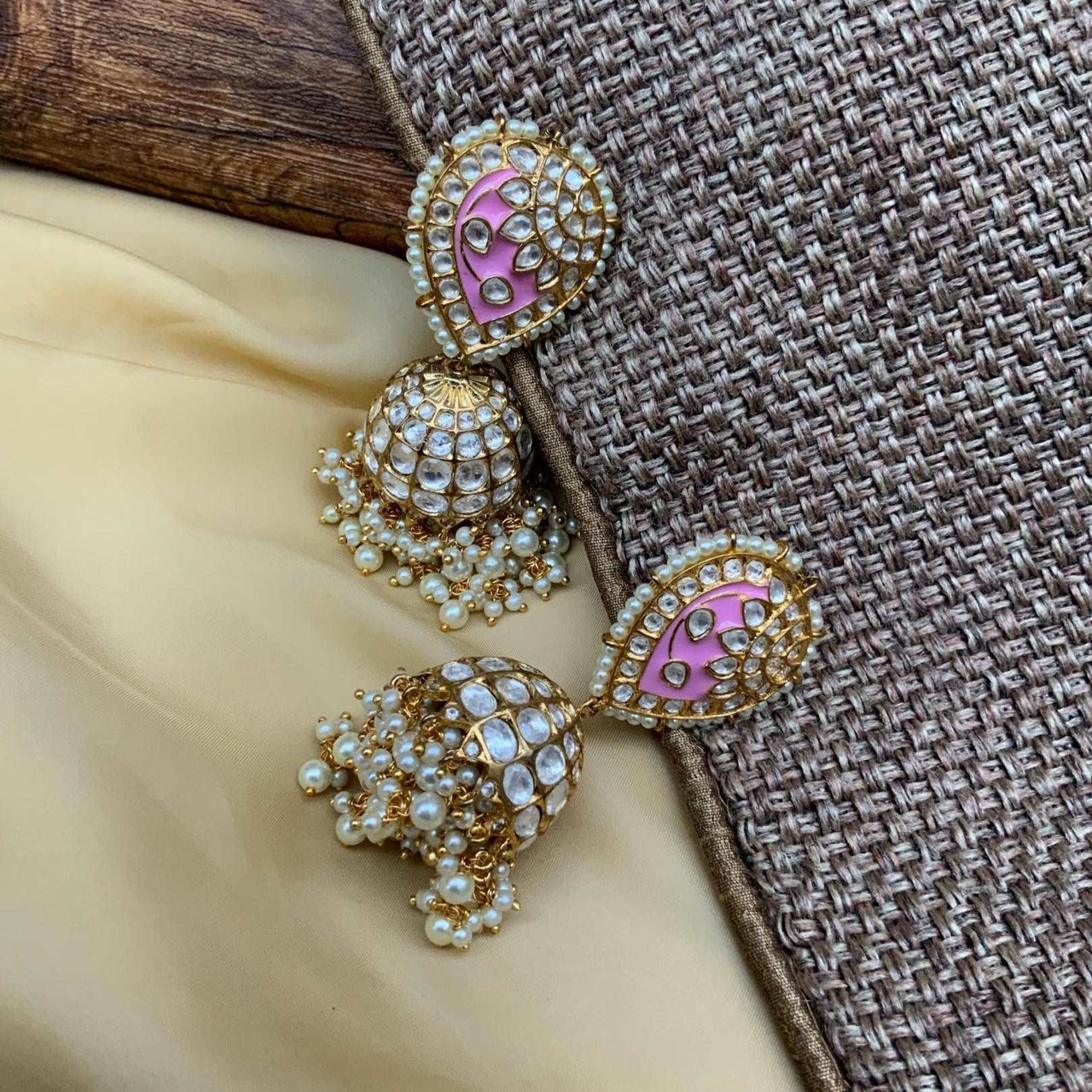 Alluring Pink Gold Plated Jadau Stone Earrings - Abdesignsjewellery