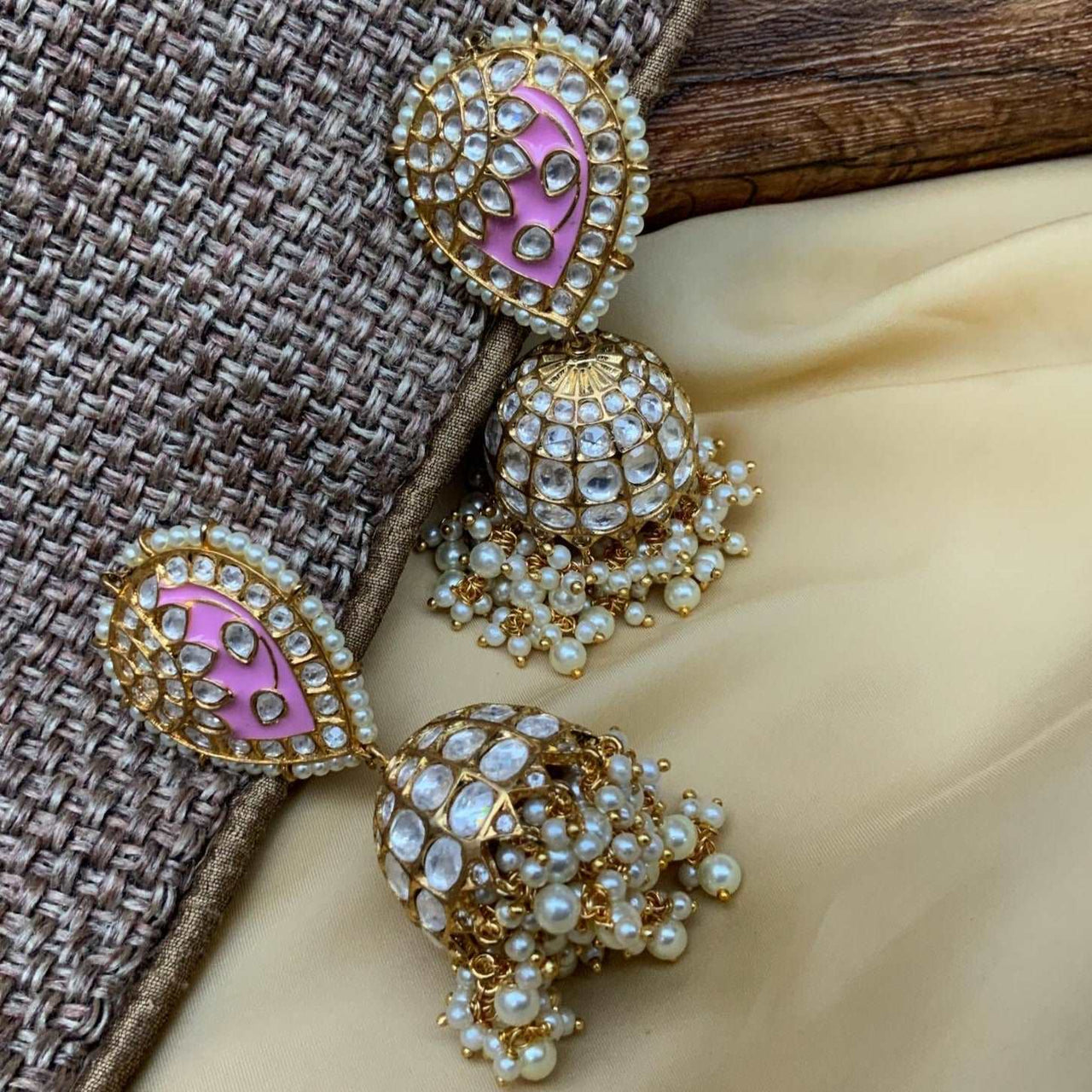 Alluring Pink Gold Plated Jadau Stone Earrings - Abdesignsjewellery