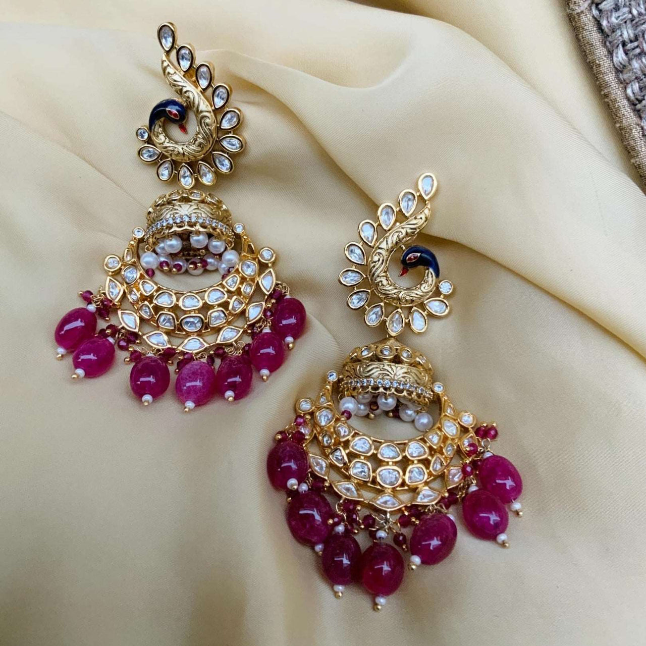 Antique Peacock Gold Plated Pearl Drop Kundan Earrings - Abdesignsjewellery