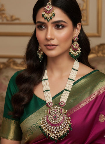 Abdesigns Gold Plated Long Bridal Polki Stone Necklace Set