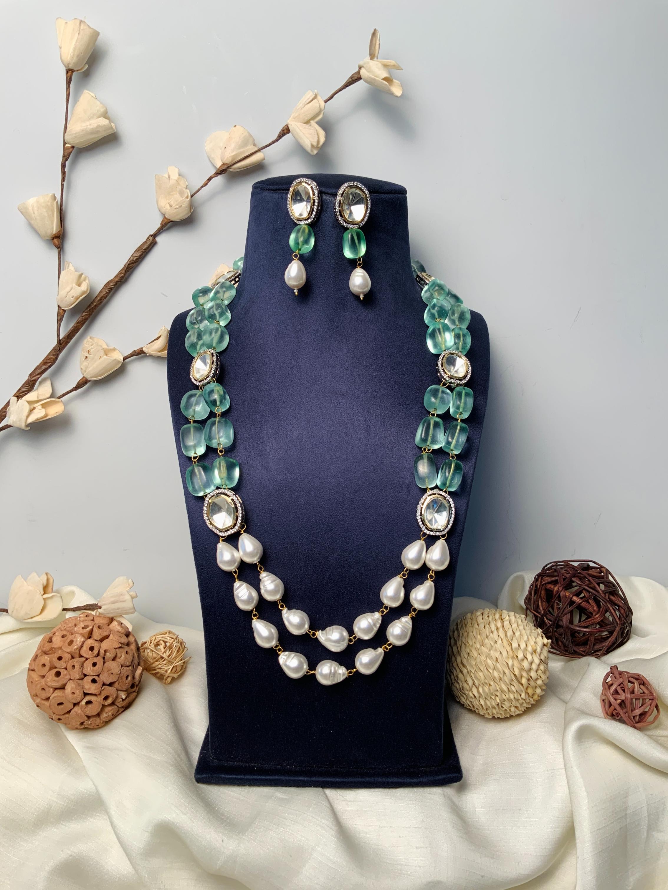 Polki Kundan Light Green Beads White Pearl Layer Mala