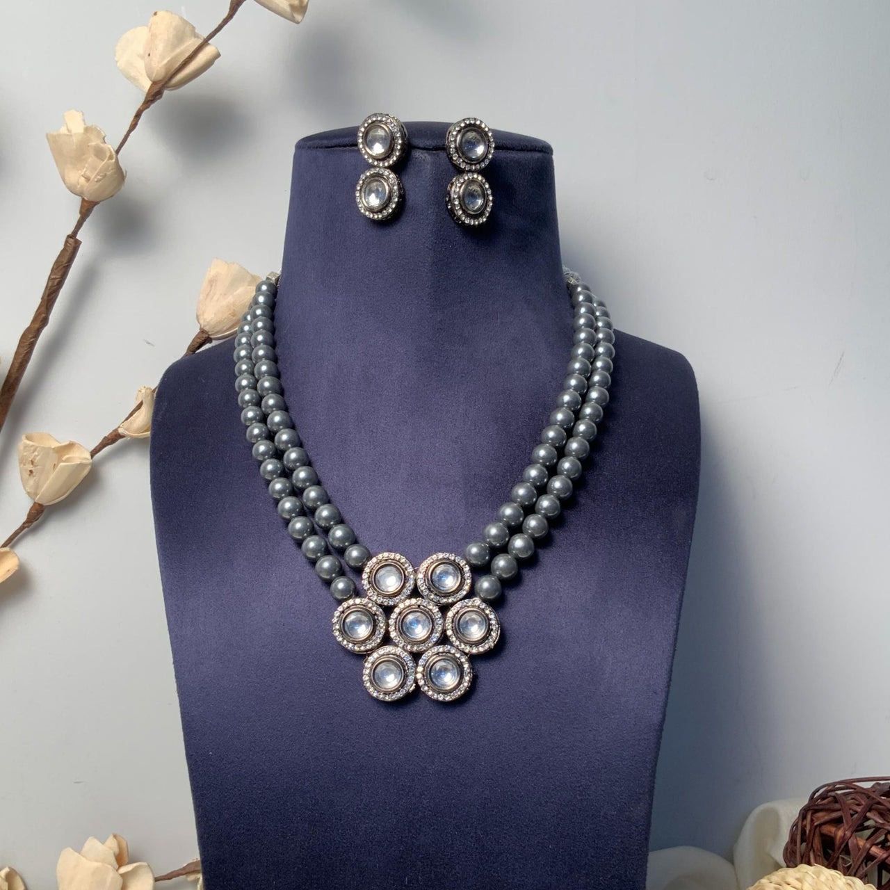 Statement Victorian Floral Polki Necklace With Grey Pearls