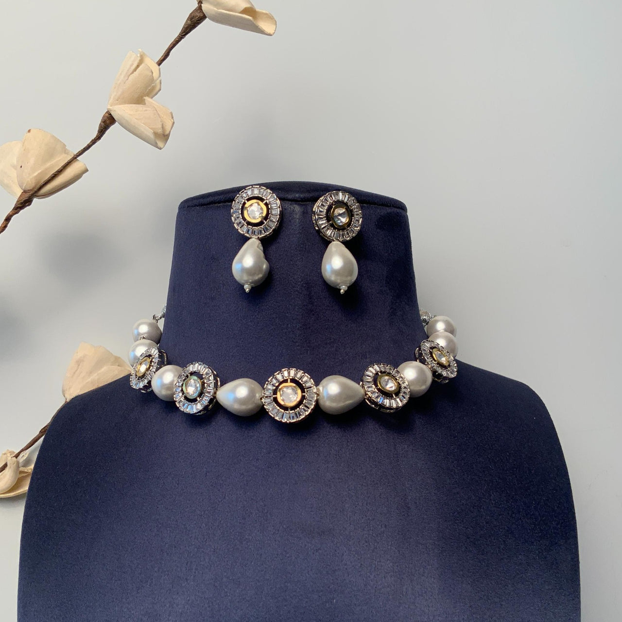 Charming Uncut Polki AD Silver Plated Pearl Chocker Necklace - Abdesignsjewellery