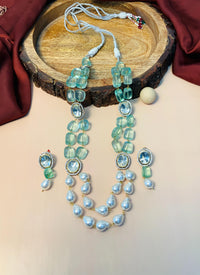 Thumbnail for Polki Kundan Light Green Beads White Pearl Layer Mala