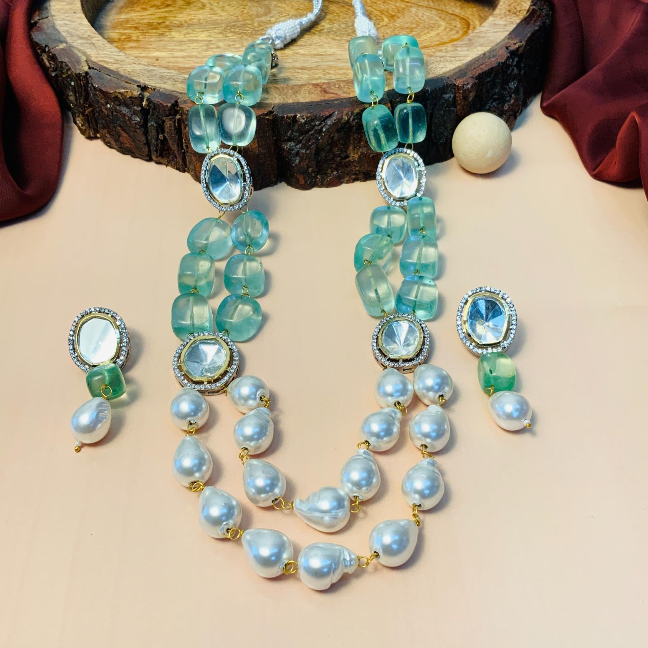 Polki Kundan Light Green Beads White Pearl Layer Mala