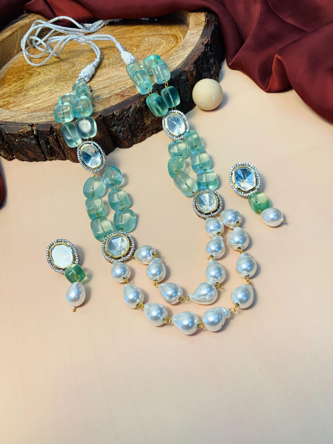 Polki Kundan Light Green Beads White Pearl Layer Mala