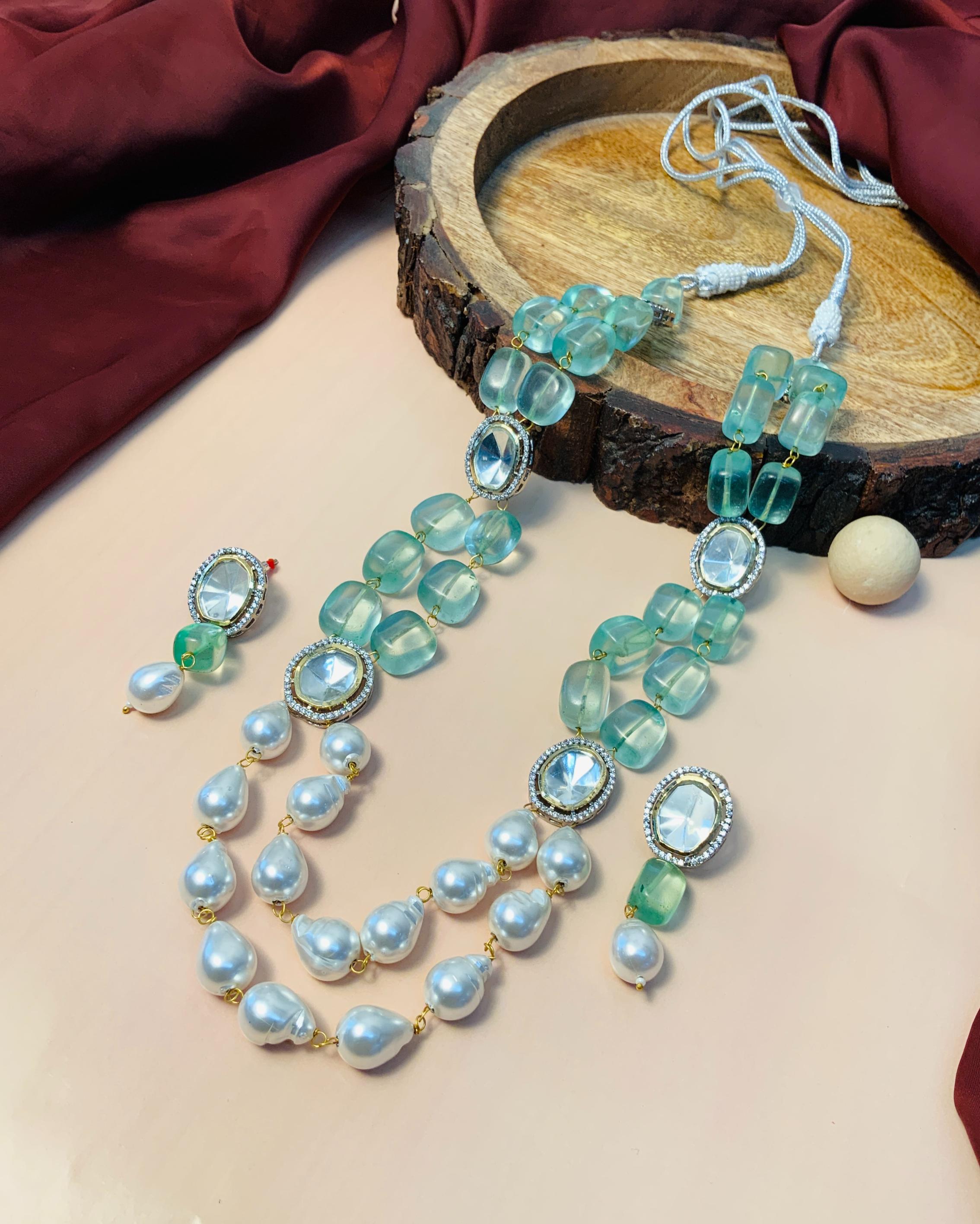 Polki Kundan Light Green Beads White Pearl Layer Mala