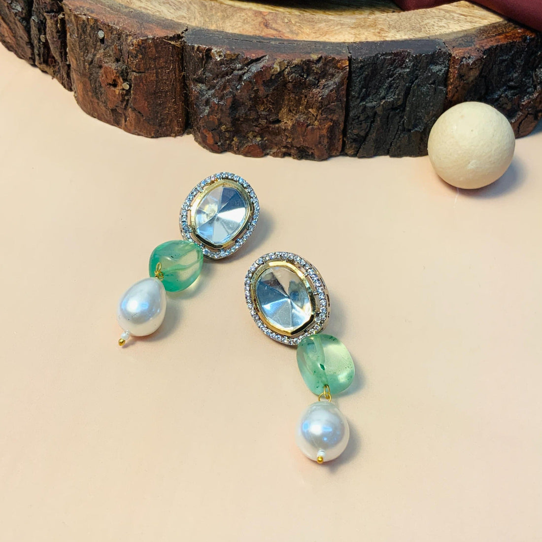 Polki Kundan Light Green Beads White Pearl Layer Mala