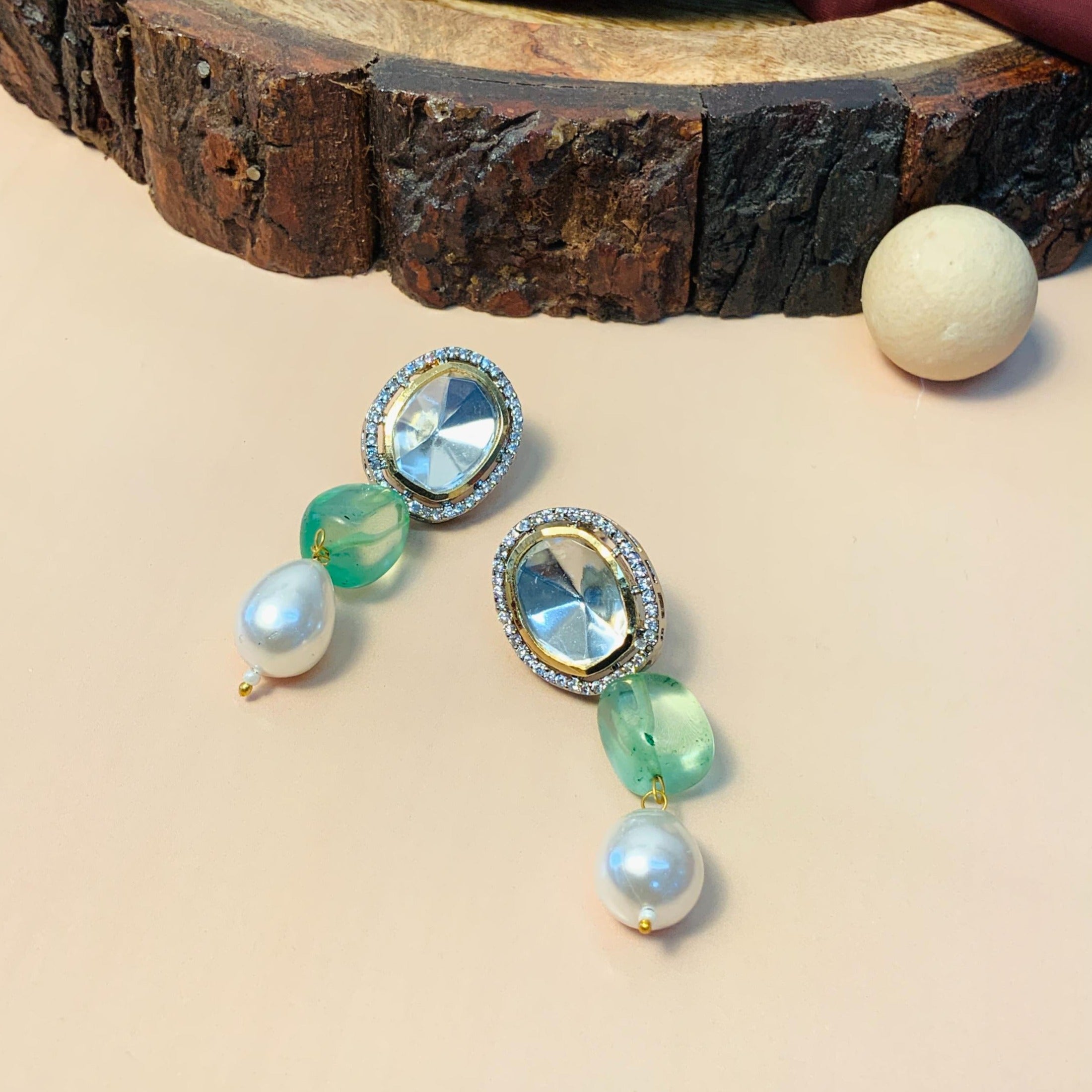 Polki Kundan Light Green Beads White Pearl Layer Mala