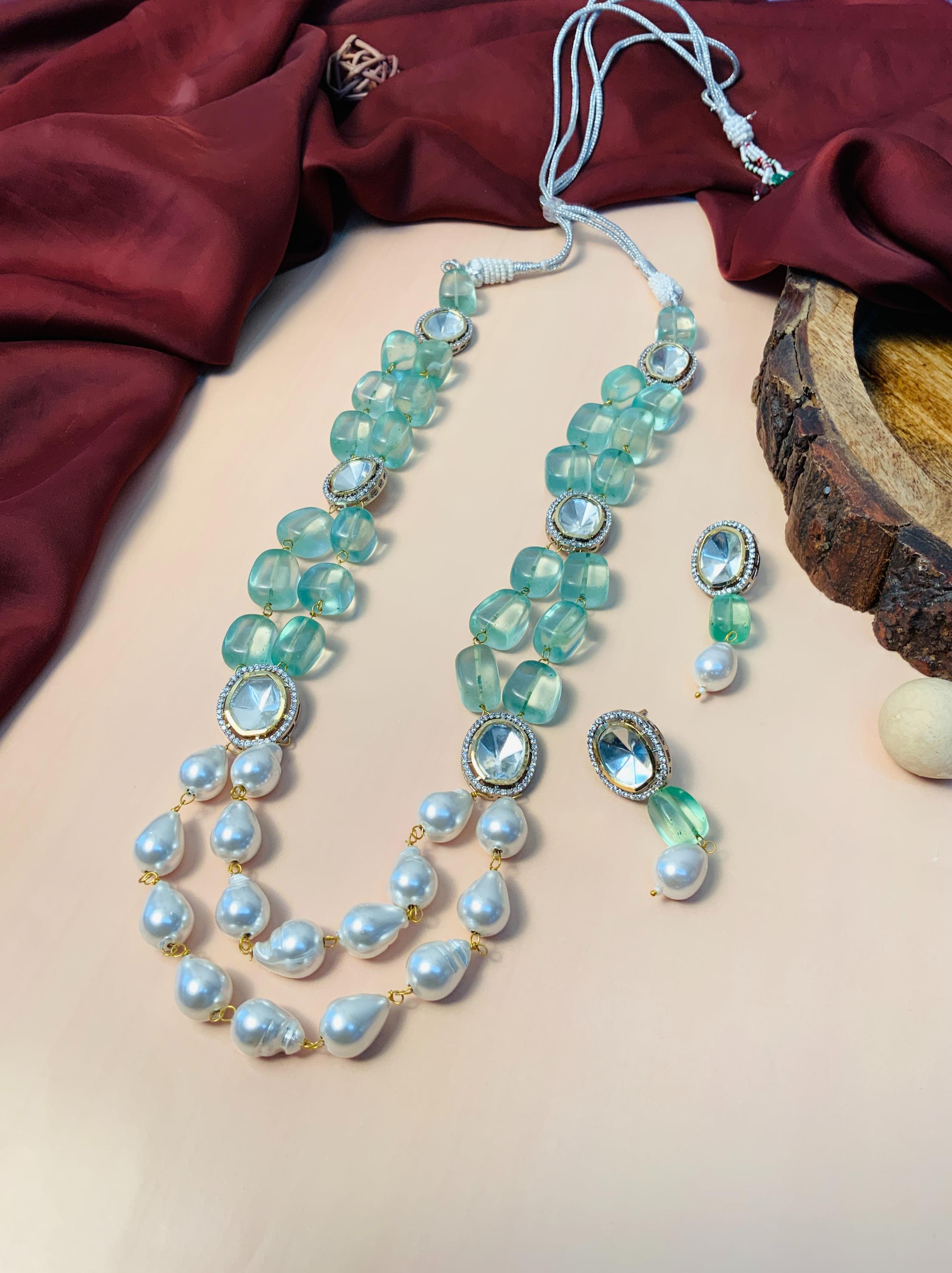 Polki Kundan Light Green Beads White Pearl Layer Mala